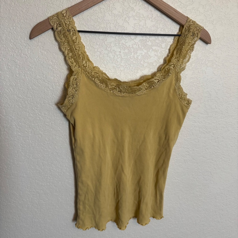 Y2K Coquette Fairycore Ribbed Lace Trim Tank Top Small Yellow - Picture 1 of 3